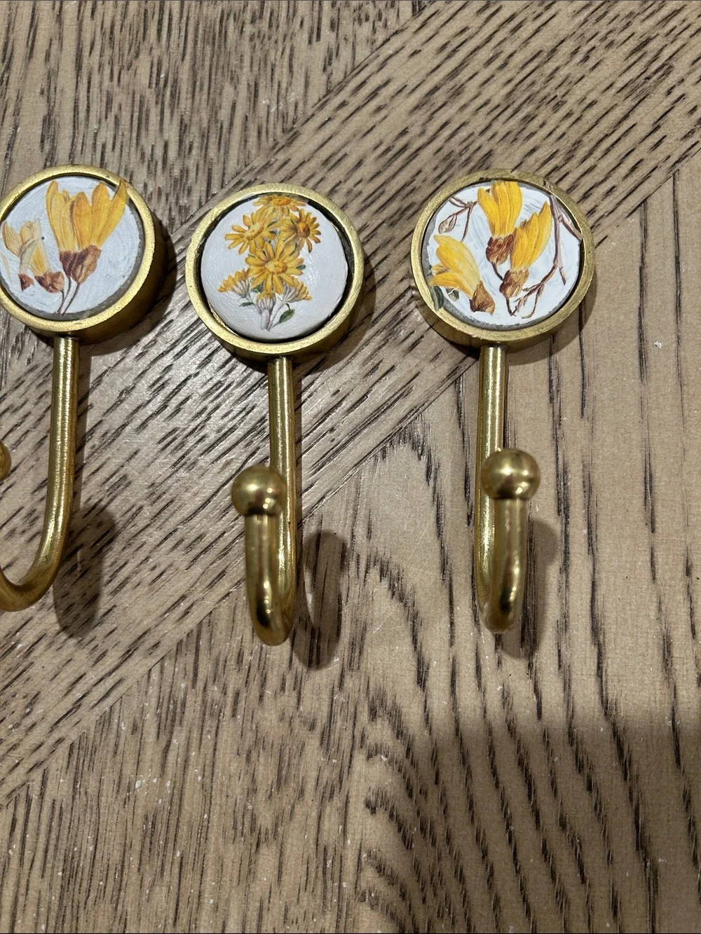 Brass Floral Wall Hooks - Yellow Botanical Design